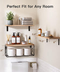 Top Tier Set Of 3 Floating Bathroom Shelves With Wire Storage Basket Crafted From Solid Natural Paulownia Wood For Durable Wall Mounted Decor And Big Time Clutter Relief with toiletries and towels.