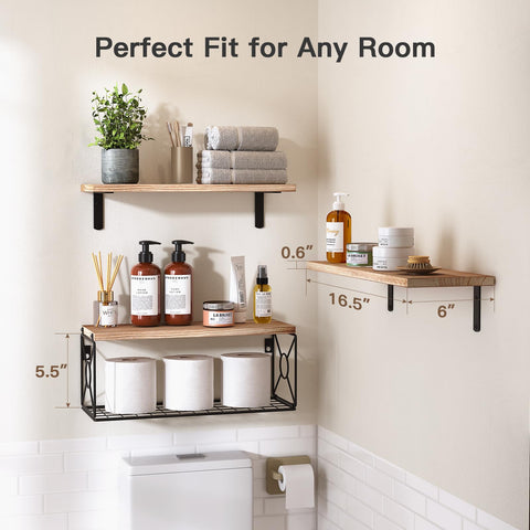 Top Tier Set Of 3 Floating Bathroom Shelves With Wire Storage Basket Crafted From Solid Natural Paulownia Wood For Durable Wall Mounted Decor And Big Time Clutter Relief with toiletries and towels.