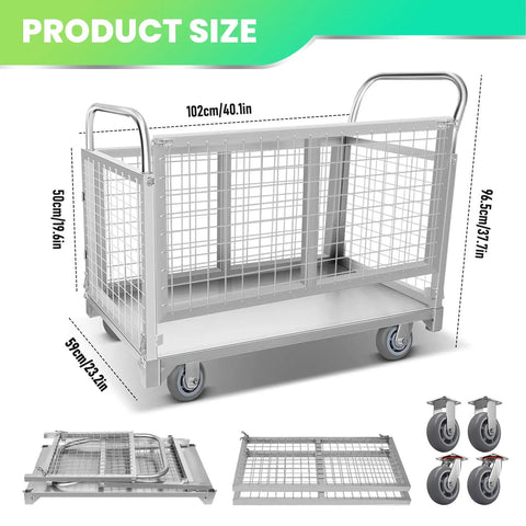 5 In 1 Foldable Flatbed Cart And Heavy Duty Cage Dolly With 2200 Lb Capacity And Smooth Rolling Swivel Casters product size diagram with dimensions.