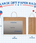 Bulk 400 Pack 16x6x12 Inch Kraft Paper Bags With Handles Reusable For Biz Grocery Birthday Wedding Kids Party And Favors Eco Friendly Recyclable Shopping Bags, shown in illustrated sizes.