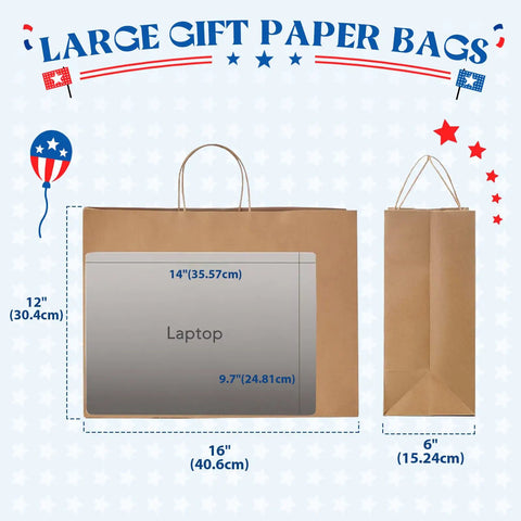 Bulk 400 Pack 16x6x12 Inch Kraft Paper Bags With Handles Reusable For Biz Grocery Birthday Wedding Kids Party And Favors Eco Friendly Recyclable Shopping Bags, shown in illustrated sizes.
