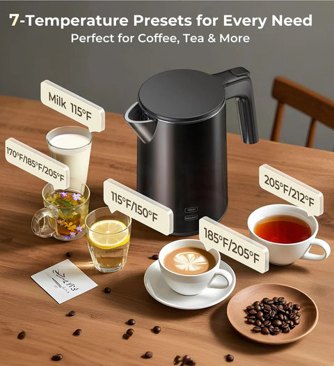 Fast Boil Electric Kettle 1.0L 1200W With 7 Temperature Settings on table with cups, 4 Hour Keep Warm, Auto Shut Off feature visible