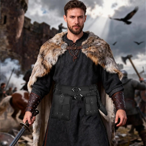 Man wearing Medieval Wide Belt Set With Leather Belt Large And Small Waist Pouches And Leather Sword Frog For LARP And Halloween Costumes Totally Ready Viking Or Knight All In One Accessory Kit Black Edition, holding sword, castle backdrop.