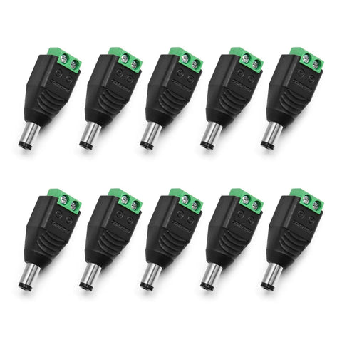 Kickass Male Dc Power Connector Adapter 10 Pack With Heavy Duty Thick Copper Wiring For 12V 24V Led Strip And Cctv Security Cameras - close-up view of multiple connectors