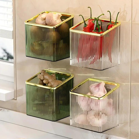 No Drill Adhesive Wall Shelves 3-In-1 Hanging Organizer Floating Storage Bins shown holding vegetables mounted on wall