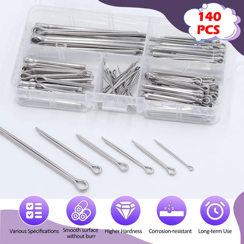 140Pcs Cotter Pin Assortment Kit With 6 Sizes M1.6x25mm M2.5x25mm M2.5x30mm M3.2x30mm M3.2x40mm M4x60mm Heavy Duty 304 Stainless Steel in box
