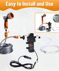 Portable 120W 12V Electric Pressure Washer Pump With 80 PSI Output And 10 Jet Nozzles, showing components and hose attachments.