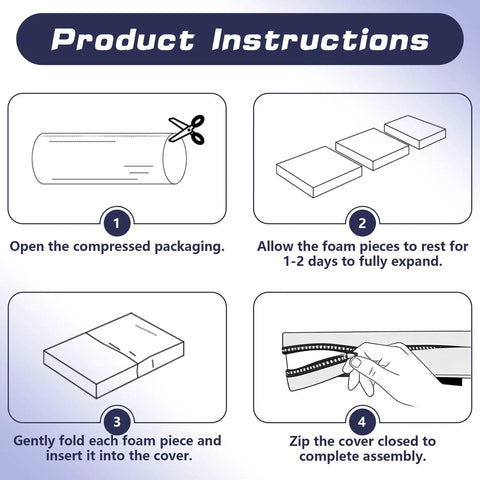 Illustration showing assembly instructions for Outdoor High Back Patio Chair Cushions Set with 4 steps.