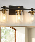 Dope Three Light Vintage Industrial Bathroom Vanity Light Over Mirror In Gold And Black With Clear Glass Shades