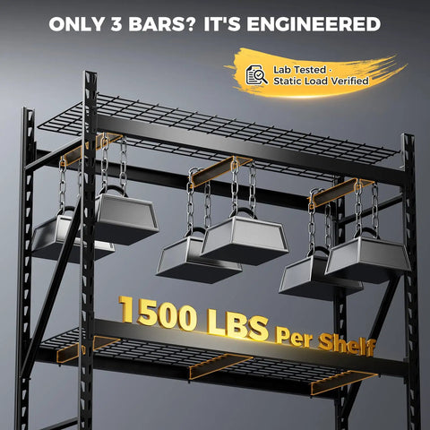 Beefy Heavy Duty Storage Shelves With 6000 Lb Capacity, 61 Inch Wide By 24 Inch Deep By 72 Inch High Industrial Steel Shelving Unit, 1 Mm Main Frame And 4 Mm Solid Wire, Built To Handle Heavy Loads Without Sag, 1500 lbs per shelf