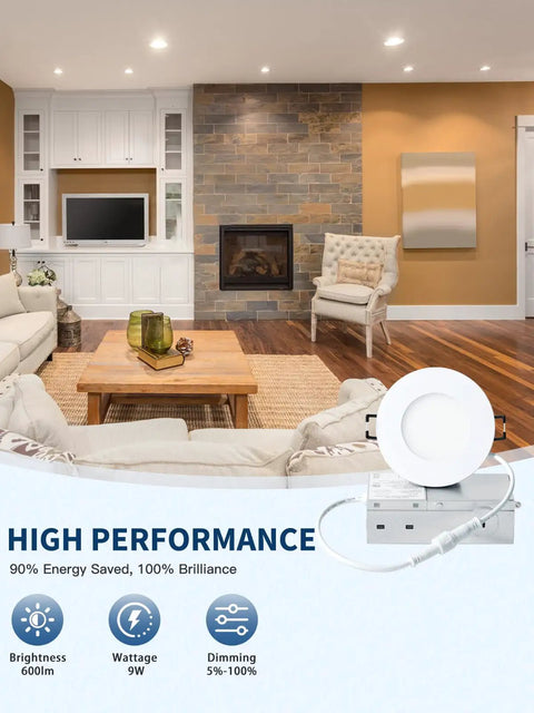 Modern living room with 6 Inch LED Recessed Slim Downlight Canless Ceiling Lights With Junction Box IC Rated ETL Dimmable 12W 1027lm