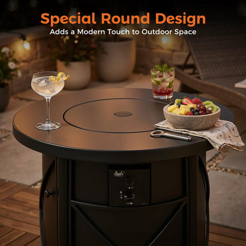 2-In-1 50,000 BTU Propane Fire Pit Table, 30 Inch Round Outdoor Fire Pit For Backyard Patio with drinks and fruit on top