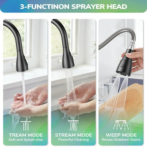 HURRAN Wall Mount Kitchen Faucet with Pull Down Sprayer, Matte Black Kitchen Sink Faucet, 8 Inch, showing 3-function sprayer head options.