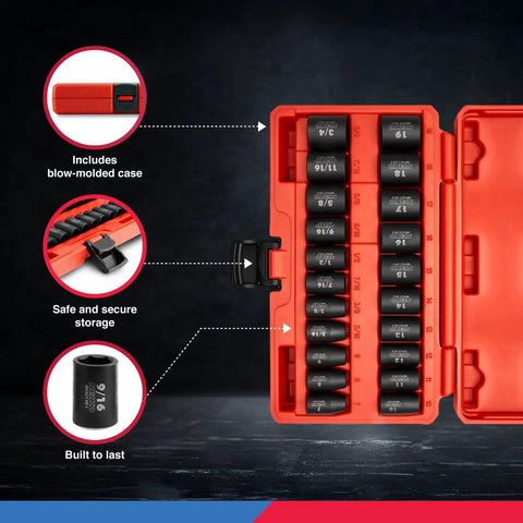 Open red case showing Three Eighth Inch Drive Impact Socket Set With 21 Shallow Sockets SAE Five Sixteenths To Three Quarters Inch And Metric Seven To Nineteen Millimeters Premium Cr-V Steel 6-Point Hex Design Corrosion Resistant Coating Built For Pros And DIYers.