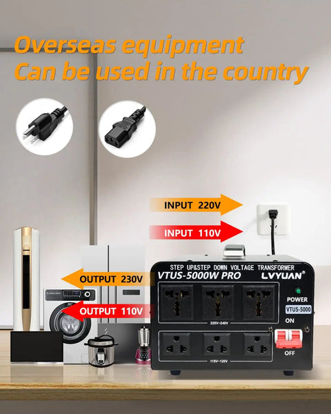 5000 Watt Voltage Transformer Beefy Heavy Duty Step Up Step Down Converter For Home And Workshop in use with appliances