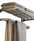 Bathroom Lavatory Towel Rack With Two Towel Bars And Shelf 24 Inch Folding Wall Mount Organizer In Modern Gray Space Saver