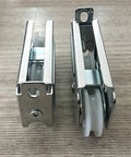 Heavy Duty Dual Wheel Sliding Door Roller With Smooth Nylon Pulleys Aluminum Alloy Narrow Gauge Track Replacement For No Sweat Gliding Windows And Patio Doors Pro Fit, showing two rollers with nylon wheels.