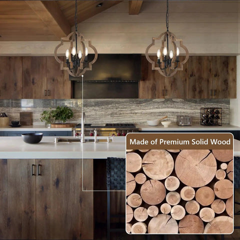 Dope Farmhouse Chandelier 4-Light Pendant Light For Dining Room Table Rustic White Distressed Wood Orb With Black Sockets