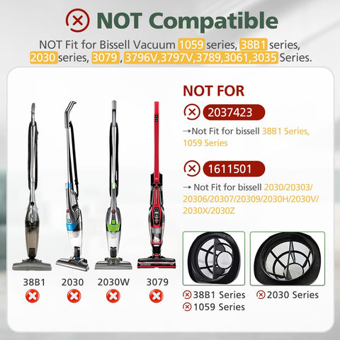 Visual showing vacuums not compatible with 6 Pack Replacement Vacuum Filter Set For Easy Fit Featherweight Stick 2033 Series