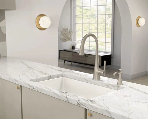 Spot Resist Stainless Deck Mounted Kitchen Soap Dispenser With Above The Sink Refillable Bottle on marble countertop