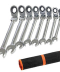 8 Piece Flex Head Ratcheting Wrench Set With 8 To 19 Millimeter Metric Chrome Vanadium Steel Wrenches, Gear Ring Ratchets, And Rolling Pouch For Easy Storage