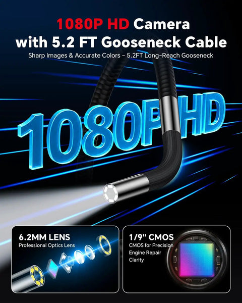 2 Way Articulating Borescope With Light For Phone Endoscope Camera, 6.2mm lens, 5.2 ft gooseneck cable