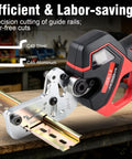 Heavy Duty Electric Din Rail Cutter With Slick Dual Groove Design For Knockout Straight Cuts On 35mm Aluminum And Steel Guide Rails No Sweat Portable Power Tool For Electrical Techs And Rough Site Work Daily, showing precision cutting of C45 steel and aluminum rails.
