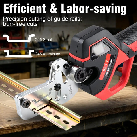 Heavy Duty Electric Din Rail Cutter With Slick Dual Groove Design For Knockout Straight Cuts On 35mm Aluminum And Steel Guide Rails No Sweat Portable Power Tool For Electrical Techs And Rough Site Work Daily, showing precision cutting of C45 steel and aluminum rails.