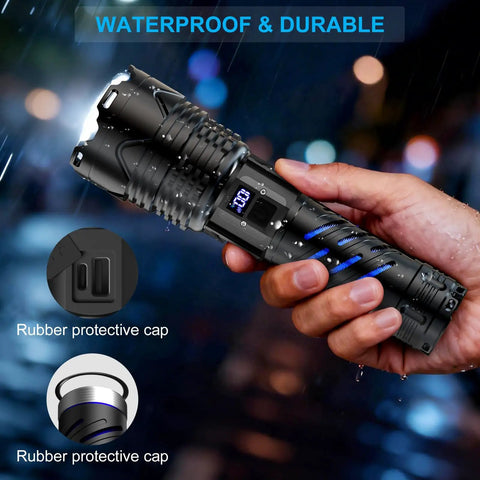 Rechargeable UV Flashlight 3 In 1 Black Light LED Tactical Flashlight, waterproof design in hand, showing rubber cap.