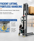 Heavy Duty 661 Lb Electric Pallet Stacker With Adjustable Forks Remote Control Material Lift Mini Forklift showing 360° swivel casters with brakes.