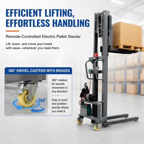 Heavy Duty 661 Lb Electric Pallet Stacker With Adjustable Forks Remote Control Material Lift Mini Forklift showing 360° swivel casters with brakes.