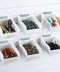 Six Pack Slatwall Bins With Hooks Set For Wall Mounted Storage Handy Organizer Containers showing white bins with tools and accessories