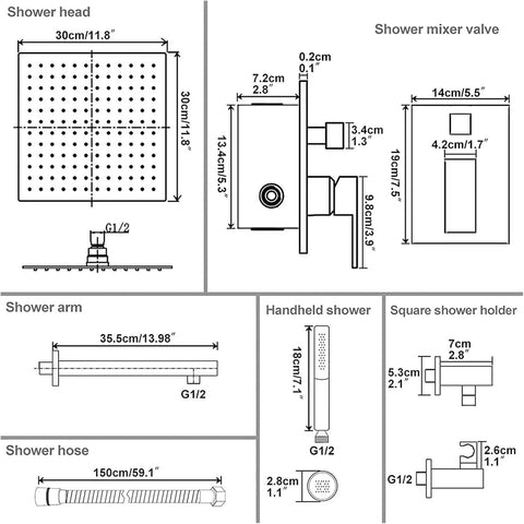 Dimensions of 12 Inch Rain Shower Head System With 2 In 1 Handheld Shower And Wall Mount High Pressure Chrome Shower Fixture Kit