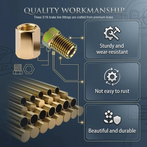 Brake Line Fittings Kit With 3/8-24 Thread, 3/16 Inch Union And Nut Set For Inverted And Double Flare, Universal Auto Brake Line Hardware For Quick DIY Friendly Install, Durable 24 Piece Car Maintenance And Repair Kit. Brass 3/16 brake line fittings and tubing