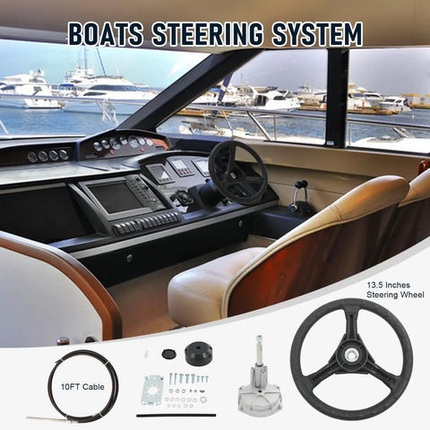 Outboard Rotary Steering System Kit With Thirteen And A Half Inch Wheel Three Quarter Inch Tapered Shaft Ten Foot Marine Cable For Boat And Yacht Mechanical Steering Upgrade