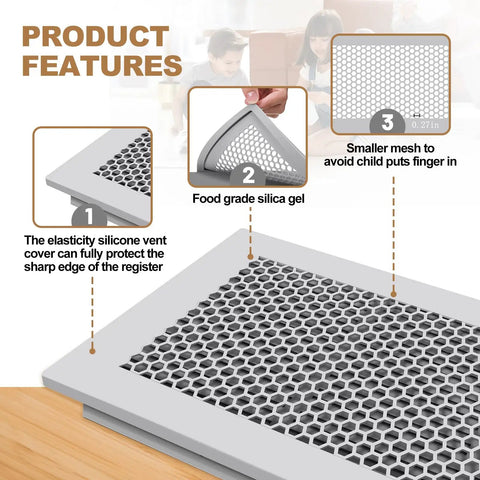 Diagram showing features of Baby Safe Silicone Floor Vent Covers For 4x10 Vents, including mesh design and protective material.