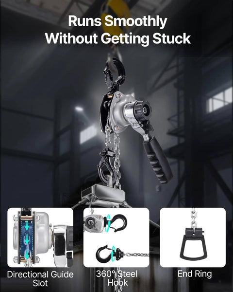 Manual Lever Chain Hoist 1/2 Ton 1100 Lb Capacity With G80 Chain, dual pawl brake, 360-degree hook in warehouse setting.
