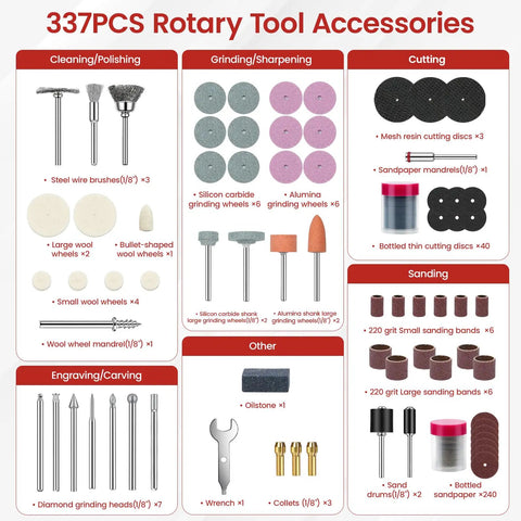 Killer 337 Piece Rotary Tool Accessories Kit Featuring Diamond Grinding Heads Thin Cutting Discs And Fine Sandpaper Belts.