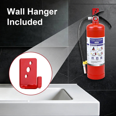 5 Lb Abc Dry Chemical Fire Extinguisher With Wall Mount And 2A 10B C Rating showing included wall hanger in bathroom setting.