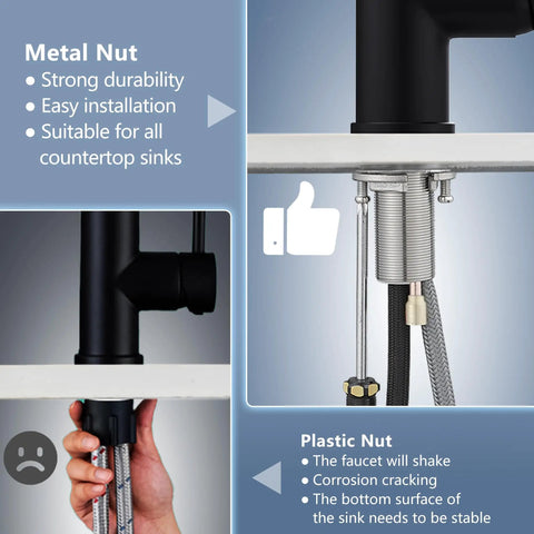 Slick Black Kitchen Faucet With Pull Down Sprayer, Hella Durable 304 Stainless Steel Construction, Lead Free Ceramic Cartridge, Sweet Dual Stream And Spray Settings For Quick Sink Cleaning Zero Leaks, showing metal nut for strong durability.