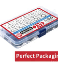 Heavy Duty Snap Ring Kit With 225 Quality Circlips Covering M3 To M25 Sizes Built From Tough Black Alloy Steel, organized in clear plastic case.
