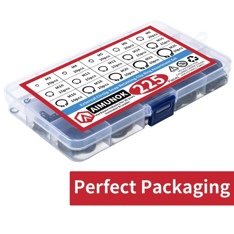 Heavy Duty Snap Ring Kit With 225 Quality Circlips Covering M3 To M25 Sizes Built From Tough Black Alloy Steel, organized in clear plastic case.