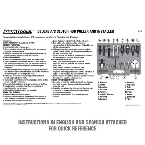 AC Clutch Tool Kit For Ford GM Chrysler instructions and components diagram with English and Spanish guide