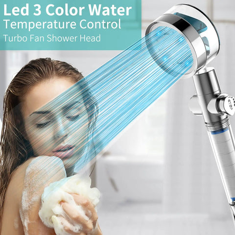 Woman using LED Shower Head With Handheld And 3 Color Temperature Changing Light Water Powered No Batteries High Pressure Turbo Hydro Jet Detachable Shower Kit With Filtered Hose Holder And Six Filters, enjoying water flow.