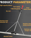 Pro Grade Cordless Concrete Screed Vibrator with 59 Inch Stainless Steel Straight Edge, showcasing product parameters.