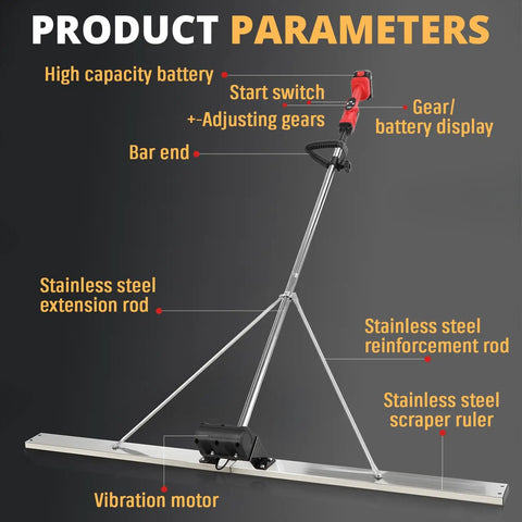 Pro Grade Cordless Concrete Screed Vibrator with 59 Inch Stainless Steel Straight Edge, showcasing product parameters.