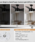 52 Inch Black Ceiling Fan With Light And Remote, Ultra Quiet DC Motor, Dimmable 3CCT LED brightness settings visual guide