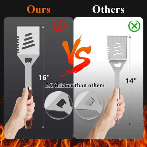 Comparison of 16-inch and 14-inch spatulas from 27 Piece Heavy Duty Grilling Tools Set For Men Fathers Day Gift Dad Approved Stainless Steel BBQ Utensils Kit