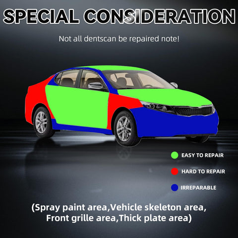 Image of car with colored sections indicating dent repair difficulty: green for easy, red for hard, and blue for irreparable.