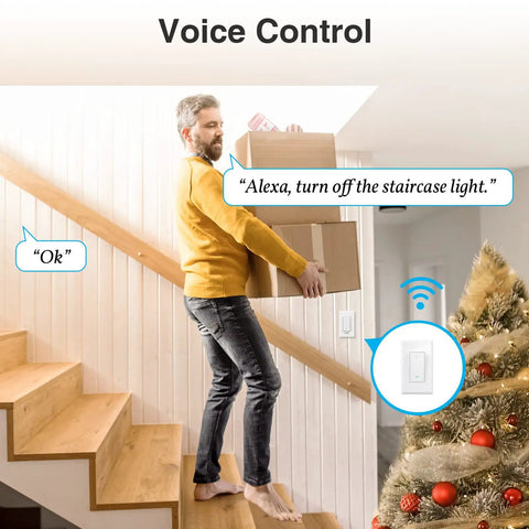 Man using voice to control staircase light with 3 Way Smart Light Switches With Voice And App Control Requires Neutral Wire And 2.4 GHz WiFi FCC Listed No Fuss Install Perfect 4 Pack For Any Home Smart Setup.